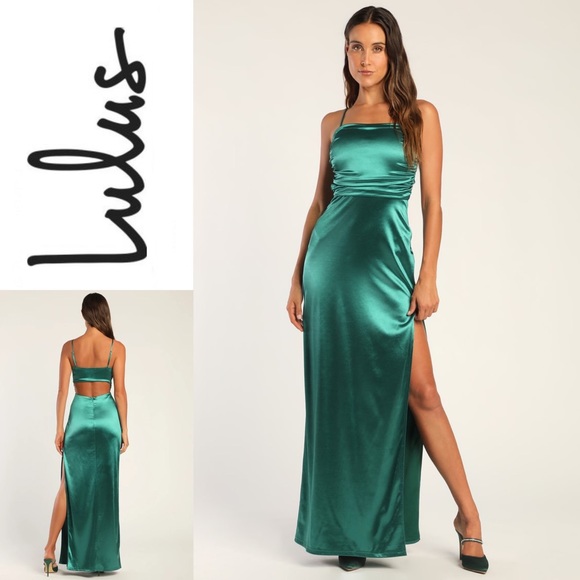 Lulus Dresses & Skirts - NWT LULUS Glam Gal Teal Green Satin Ruched Cutout Maxi Dress
